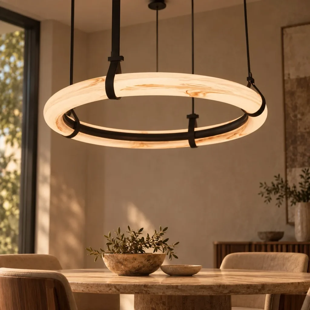 Leather Strap Alabaster-Effect Ring Pendant Light, Three in sand — front view