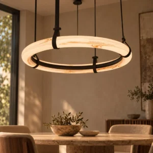 Leather Strap Alabaster-Effect Ring Pendant Light, Three in sand — front view