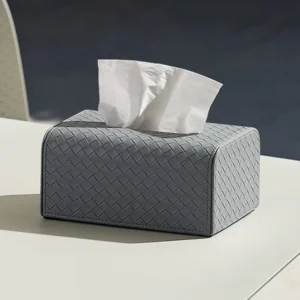 Woven Leather Tissue Box in Grey or Beige, Medium or Large — front view