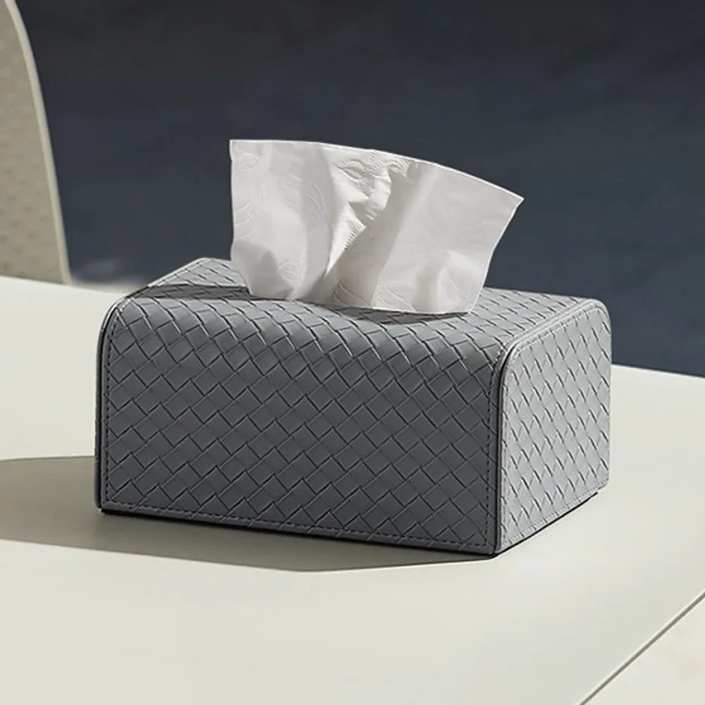 Woven Leather Tissue Box in Grey or Beige, Medium or Large — front view