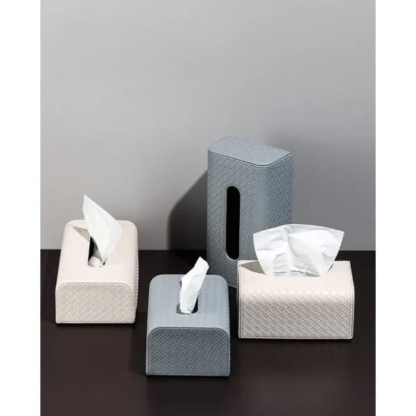Woven Leather Tissue Box in Grey or Beige, Medium or Large — in a room setting