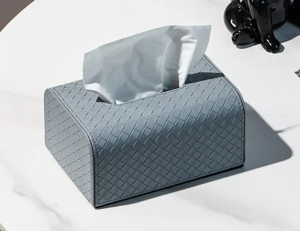 Woven Leather Tissue Box in Grey or Beige, Medium or Large — in a room setting