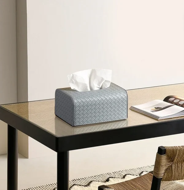 Woven Leather Tissue Box in Grey or Beige, Medium or Large — in a room setting
