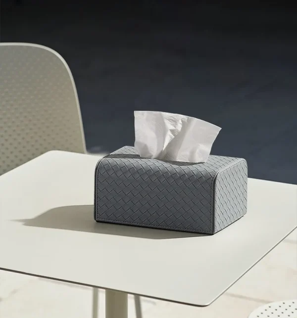 Woven Leather Tissue Box in Grey or Beige, Medium or Large — in a room setting