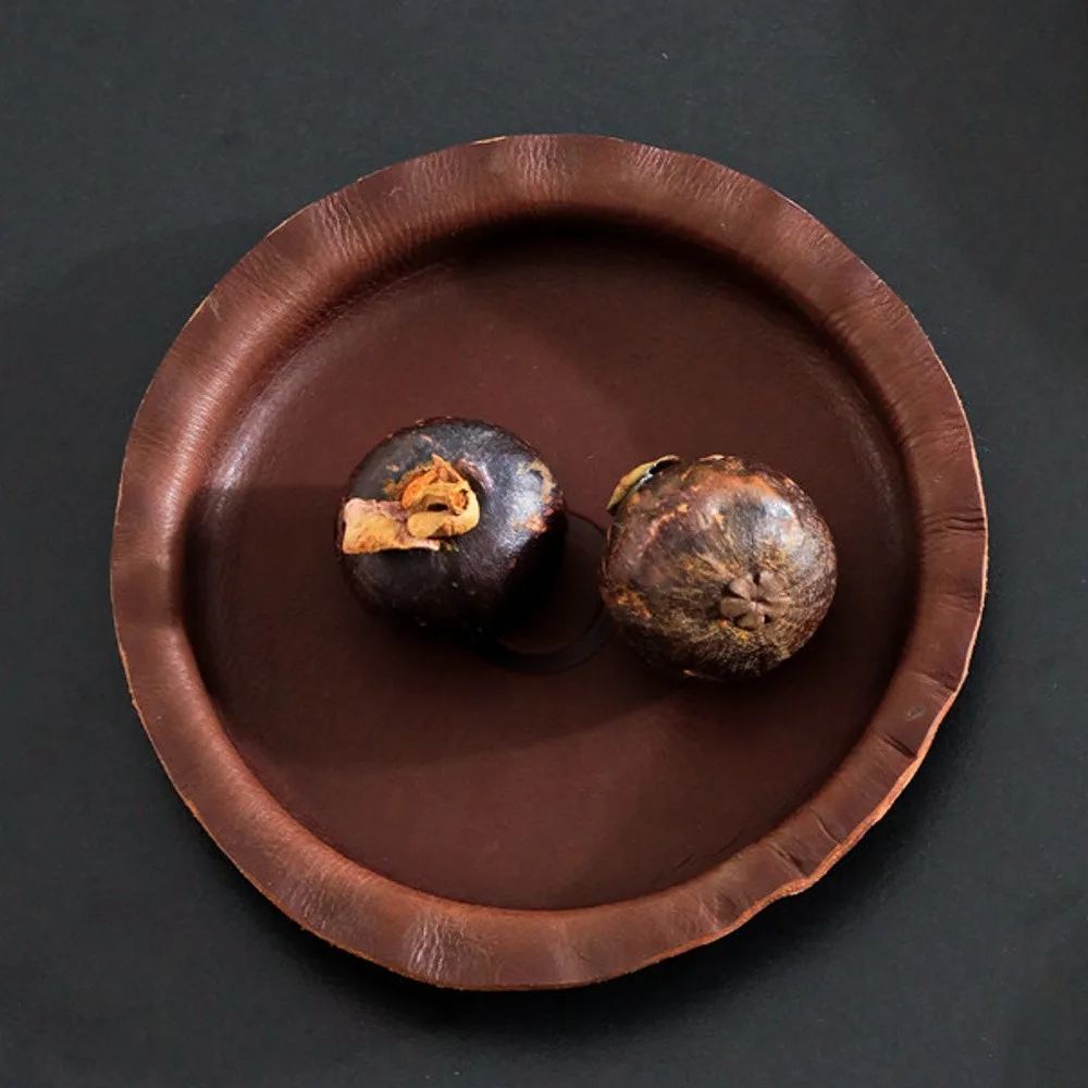 Round Cowhide Leather Tray in Dark Coffee, Small or Large — front view