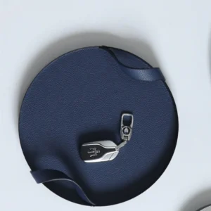 Round Leather Catch-All Tray with Strap, Navy, Green or Grey in blue — front view