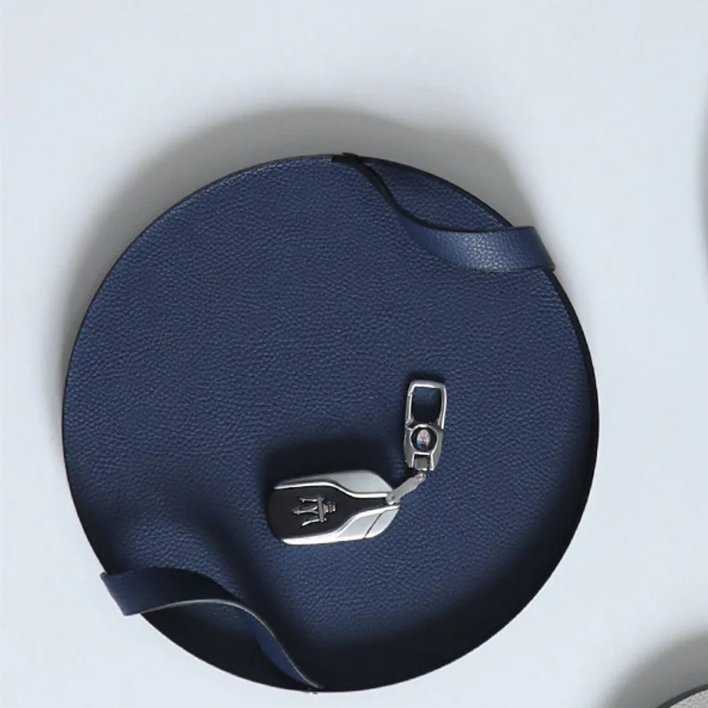 Round Leather Catch-All Tray with Strap, Navy, Green or Grey in blue — front view