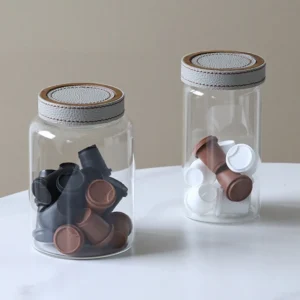 Leather-Lidded Glass Storage Jars, Set of Two in slate — front view