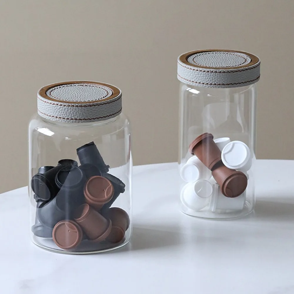 Leather-Lidded Glass Storage Jars, Set of Two in slate — front view