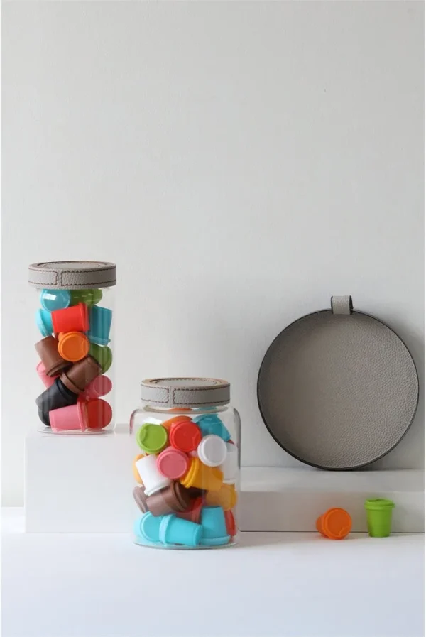 Leather-Lidded Glass Storage Jars, Set of Two in slate — in a room setting