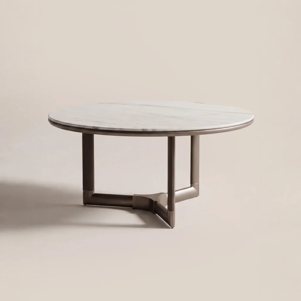 Sintered Stone Round Table with Leather-Wrapped Tripod Base in ivory — front view