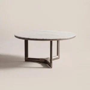 Sintered Stone Round Table with Leather-Wrapped Tripod Base in ivory — front view