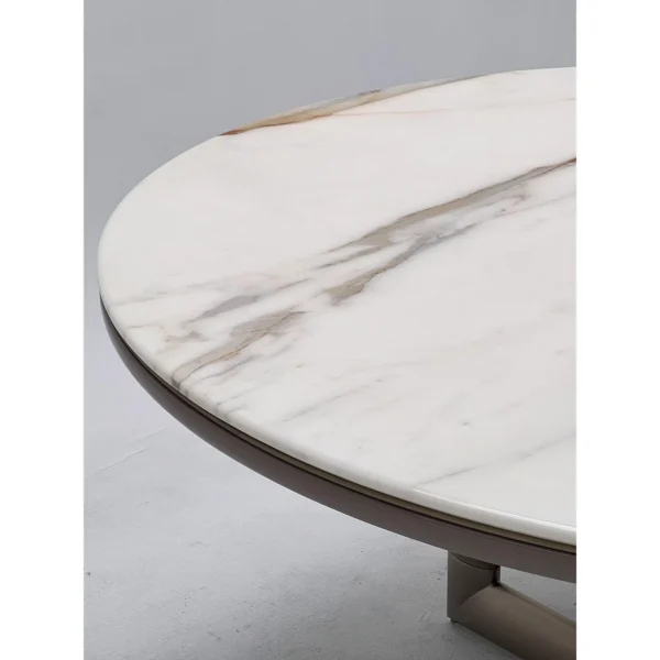 Sintered Stone Round Table with Leather-Wrapped Tripod Base in ivory — in a room setting