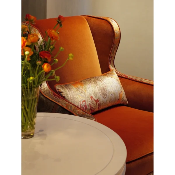 Legacy 28 Wingback Armchair in Golden Orange Velvet — in a room setting