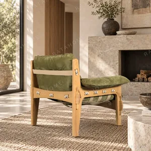 Brazilian Mid-Century Wood Frame Armchair in Olive Leather — in a room setting