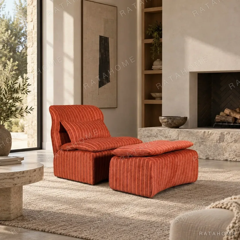 Leisure Lounge Chair with Ottoman in Orange Corduroy — in a room setting