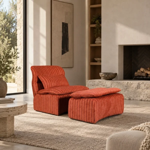 Leisure Lounge Chair with Ottoman in Orange Corduroy — in a room setting