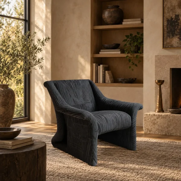 Leisure Wandering Lounge Chair in Pleated Charcoal Fabric — in a room setting
