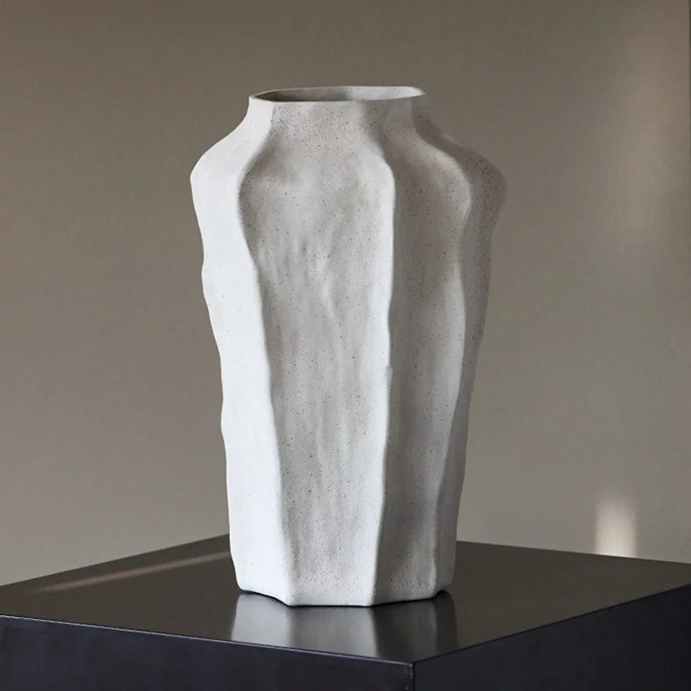 Geometric Faceted Sand Ceramic Vase in slate — front view