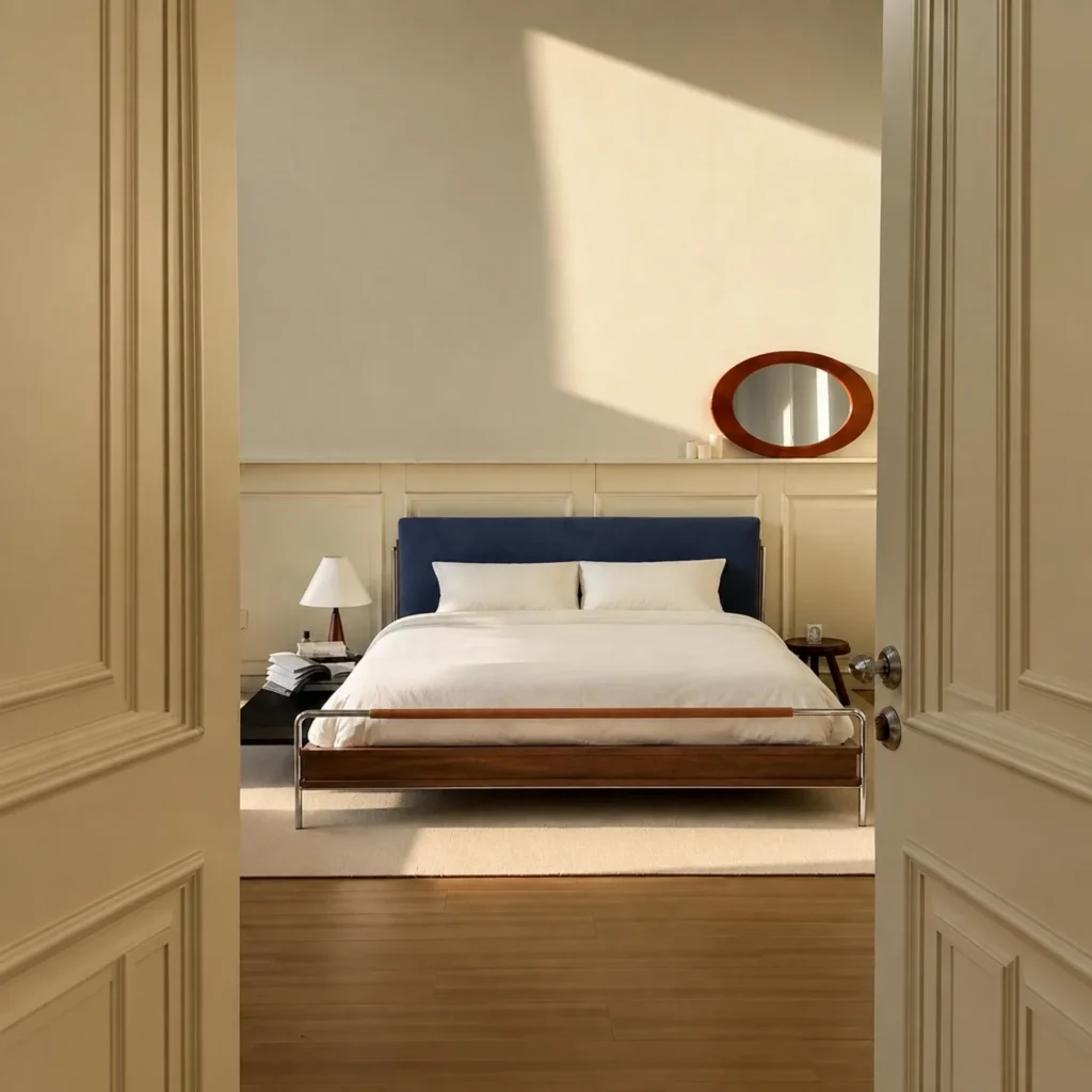 Leon Ash and Metal Bed with Linen Headboard in blue — front view