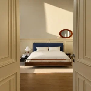 Leon Ash and Metal Bed with Linen Headboard in blue — front view
