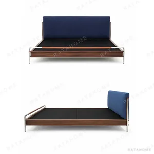 Leon Ash and Metal Bed with Linen Headboard in blue — in a room setting
