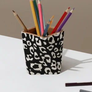 Leopard Print Leather Desk Tray and Storage Box in slate — front view