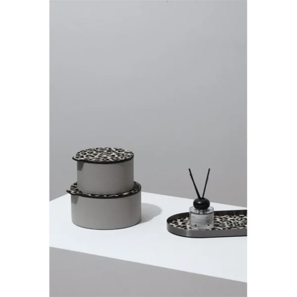 Leopard Print Leather Desk Tray and Storage Box in slate — in a room setting