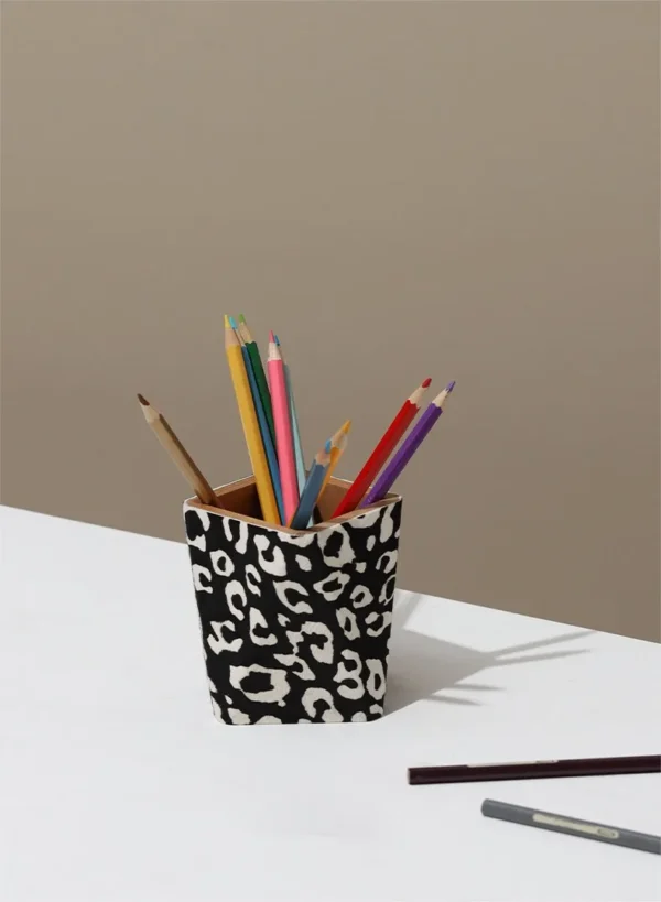Leopard Print Leather Desk Tray and Storage Box in slate — in a room setting
