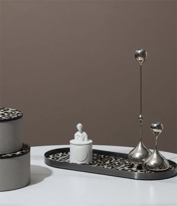 Leopard Print Leather Desk Tray and Storage Box in slate — in a room setting