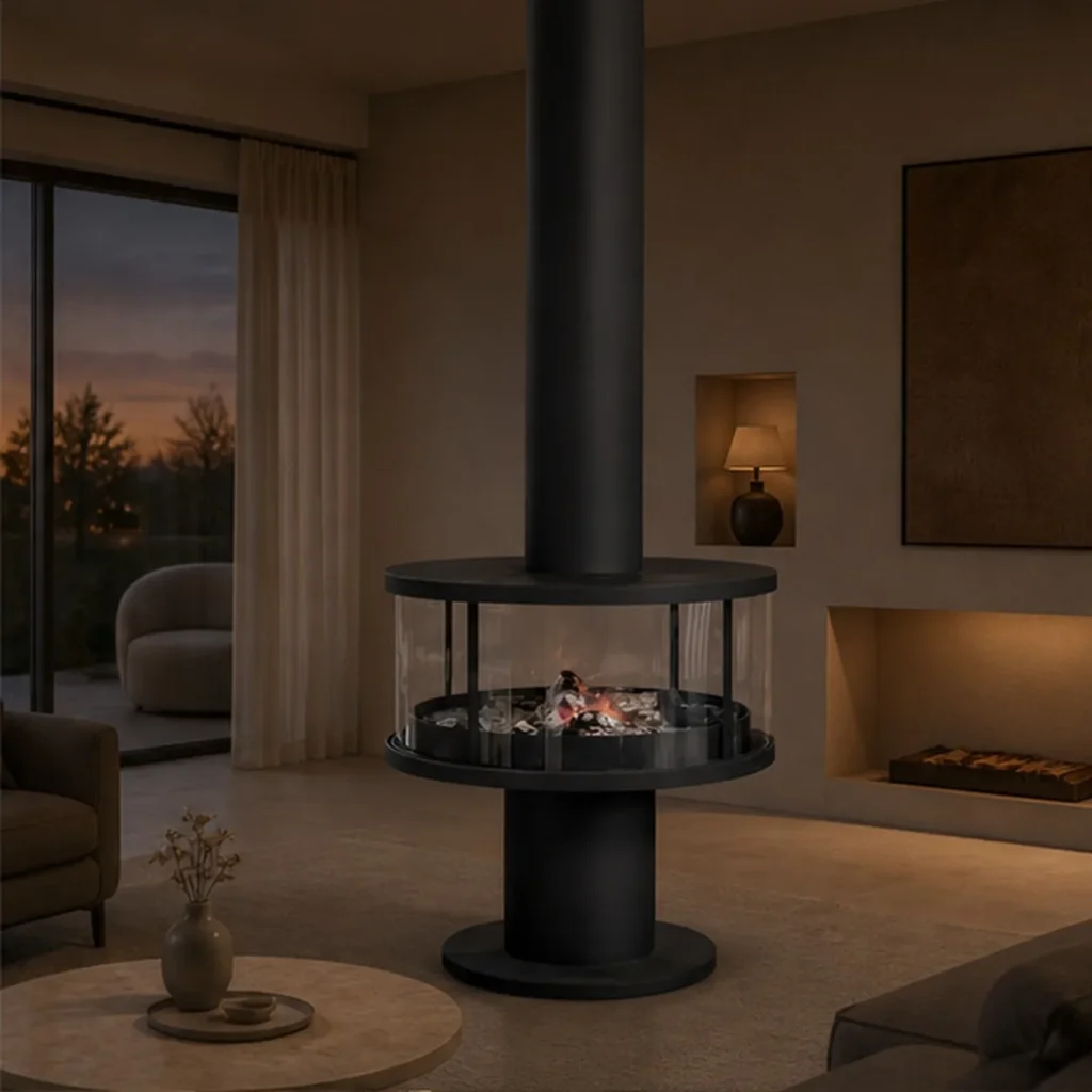 Leslie Freestanding Column Fireplace with Glass Ring, 85 cm in black — front view