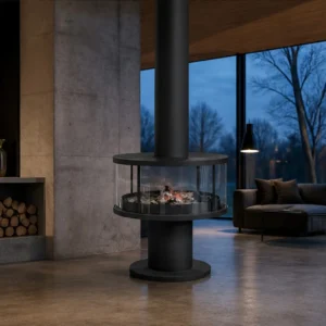Leslie Freestanding Column Fireplace with Glass Ring, 85 cm in black — in a room setting