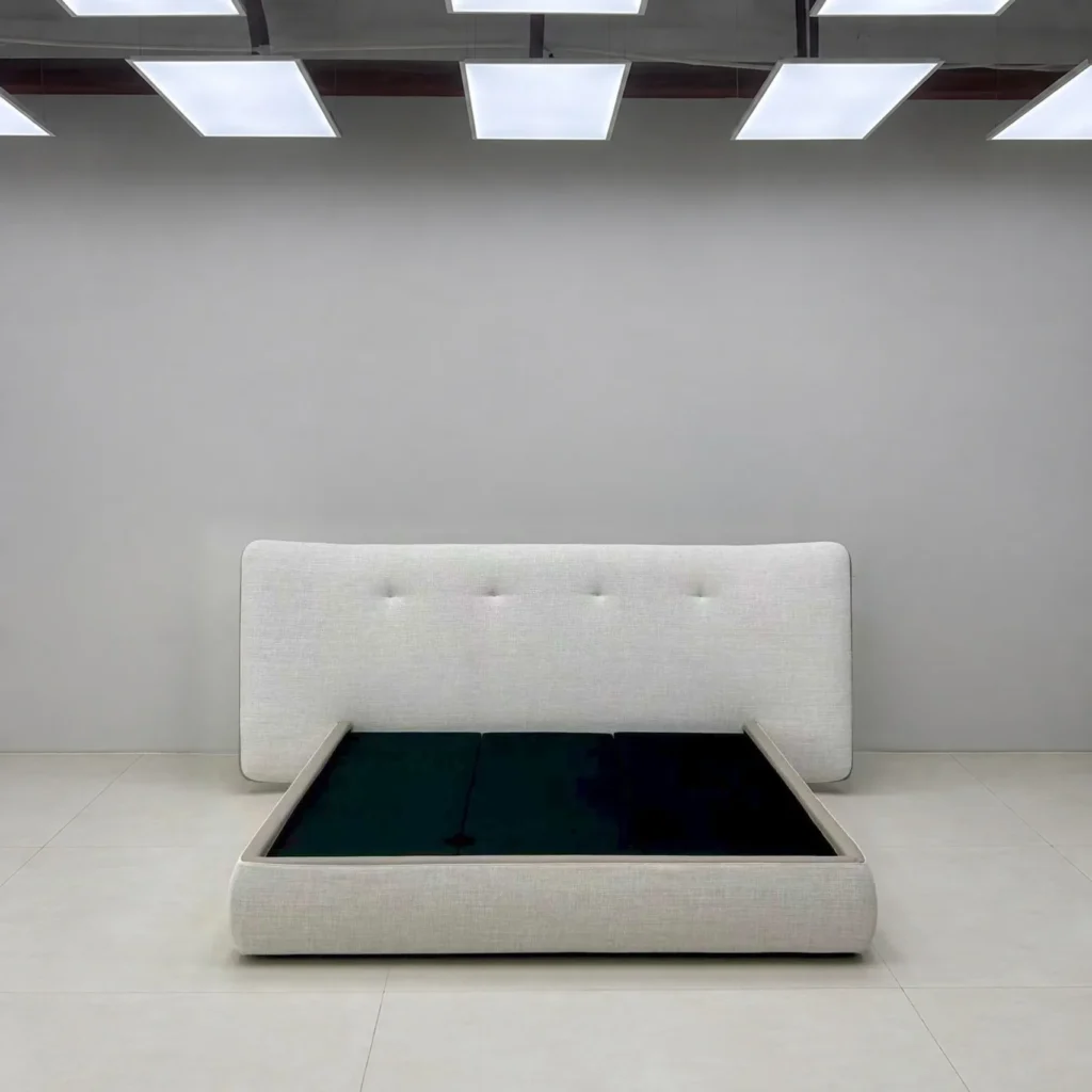Levo Wide-Headboard Low Bed in oatmeal — front view