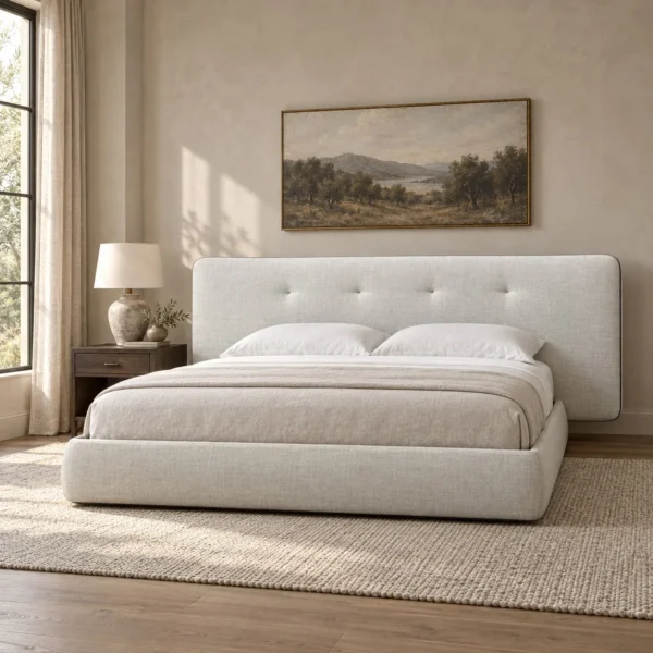 Levo Wide-Headboard Low Bed in oatmeal — in a room setting