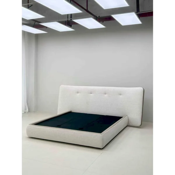 Levo Wide-Headboard Low Bed in oatmeal — in a room setting
