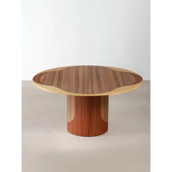 Inlaid Round Dining Table on Fluted Pedestal in natural oak — in a room setting