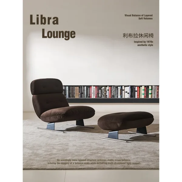 Libra Neck-Support Lounge Chair with Ottoman in Brown Velvet — in a room setting