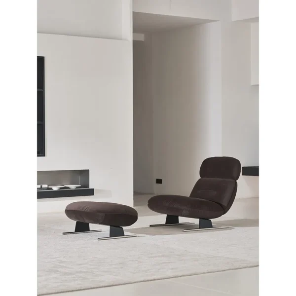 Libra Neck-Support Lounge Chair with Ottoman in Brown Velvet — in a room setting