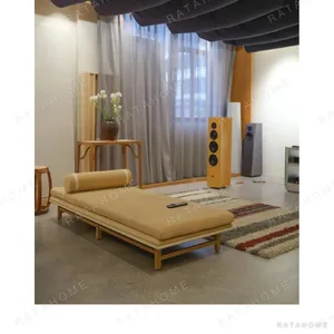 Lie-Flat Daybed in Mustard Leather on Pale Ash Frame — in a room setting