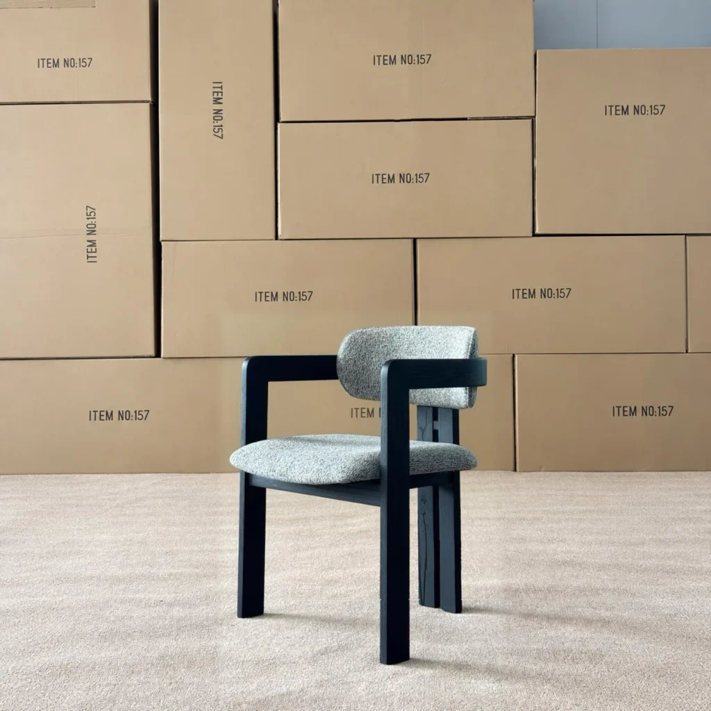 Black Ash Barrel Dining Chair in Grey Tweed, 58 cm — front view