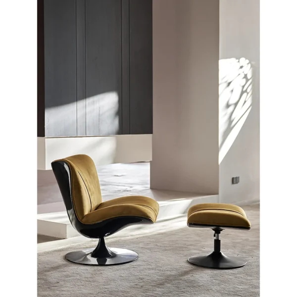 Bentwood Shell Swivel Lounge Chair in Cream Fabric, 96 cm — in a room setting