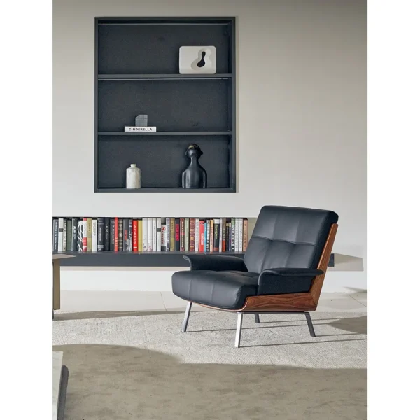 Bentwood Shell Swivel Lounge Chair in Cream Fabric, 96 cm — in a room setting