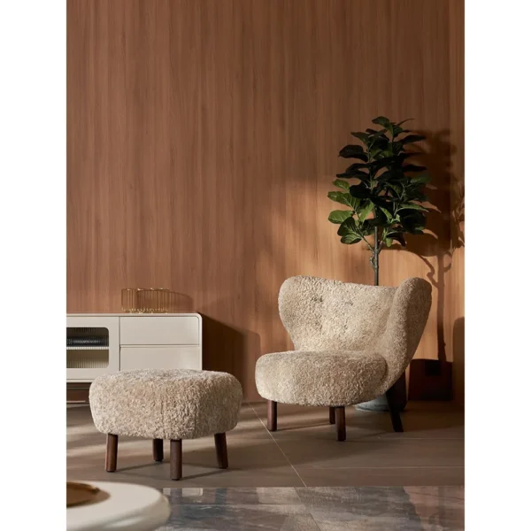Bentwood Shell Swivel Lounge Chair in Cream Fabric, 96 cm — in a room setting