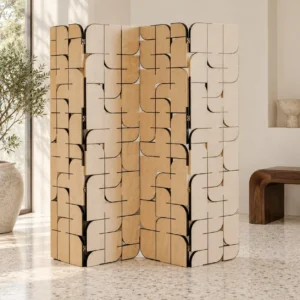 Light Wood Curved-Geometry Folding Screen in natural oak — front view