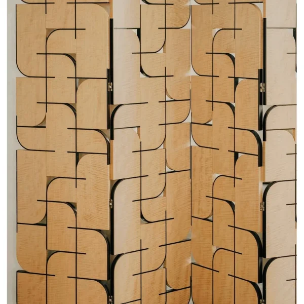 Light Wood Curved-Geometry Folding Screen in natural oak — in a room setting