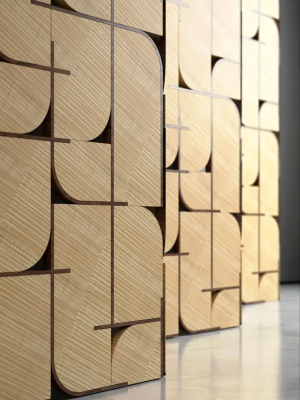 Light Wood Curved-Geometry Folding Screen in natural oak — in a room setting