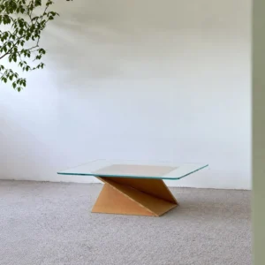 Spiral Wood Base Glass Coffee Table, 105 cm in natural oak — front view