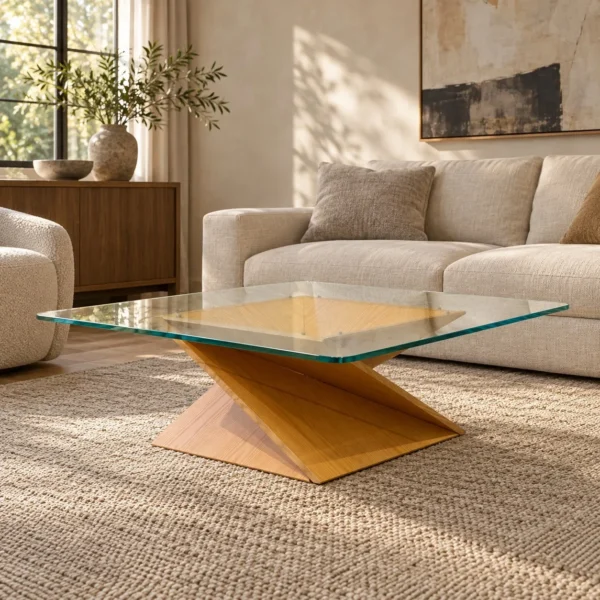 Spiral Wood Base Glass Coffee Table, 105 cm in natural oak — in a room setting