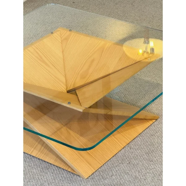 Spiral Wood Base Glass Coffee Table, 105 cm in natural oak — in a room setting