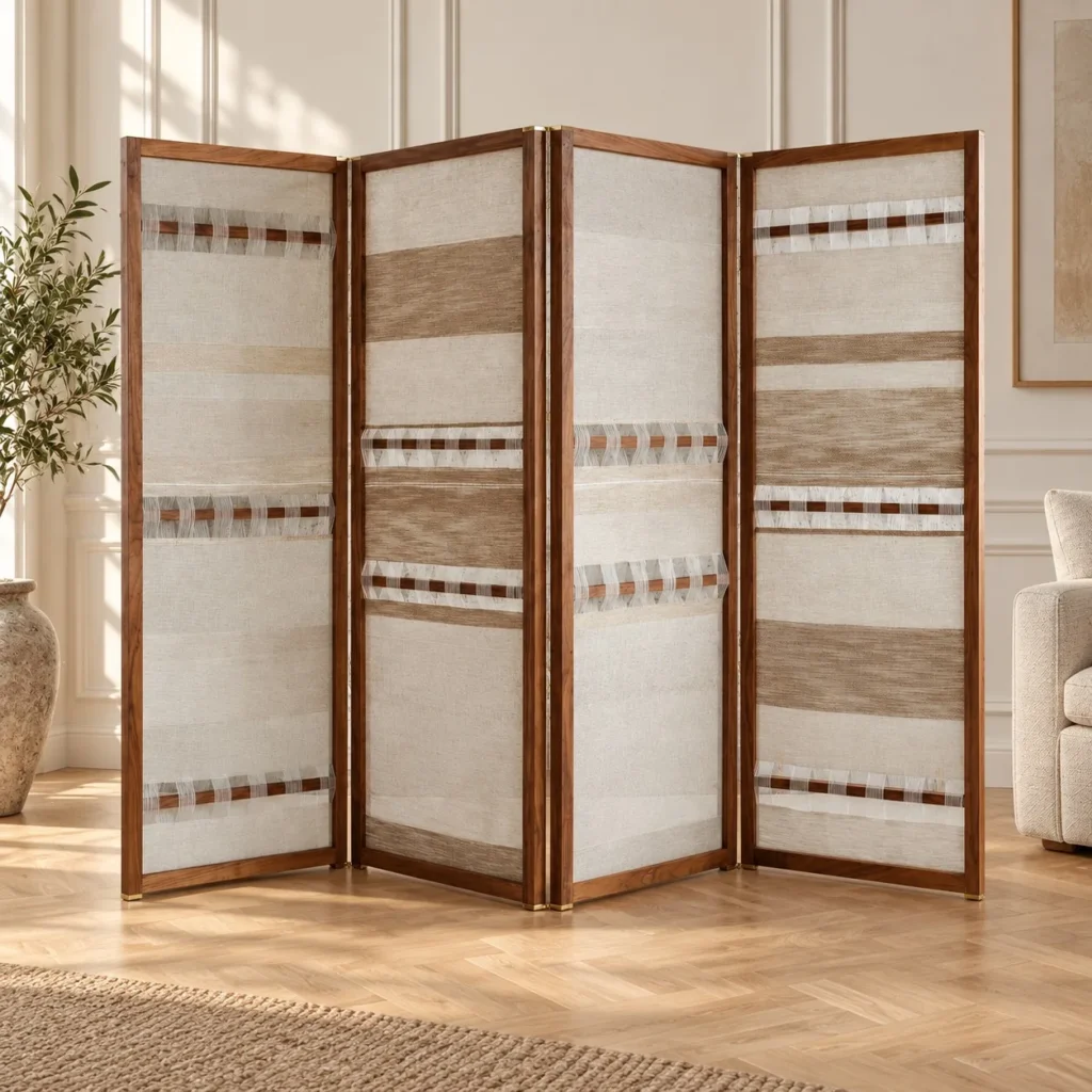 Mahogany-Framed Natural Linen Folding Screen in clay — front view